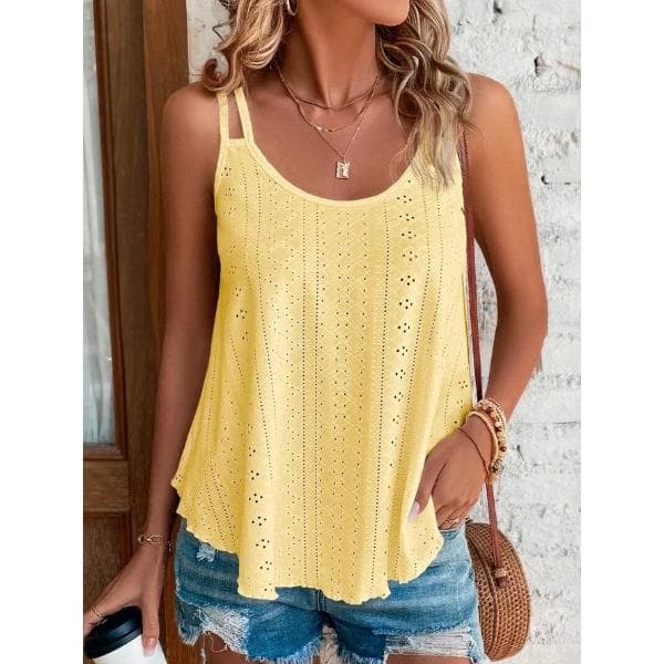 White Sleeveless Round Neck Eyelet Pattern Camisole Tank Top for Women XXXL yellow