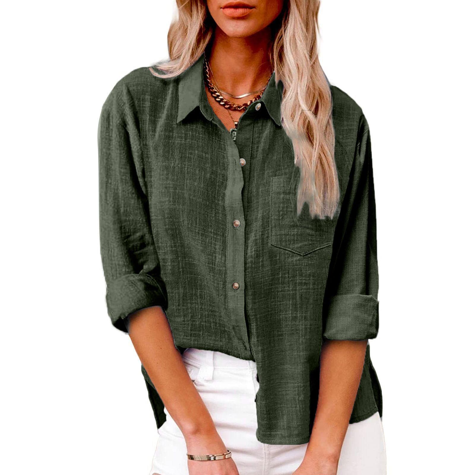 Thin Fabric Spring Autumn Pocket Split Long Sleeve Blouse Women's Breathable Soft Top Plus Size Cotton Linen Shirt S army green