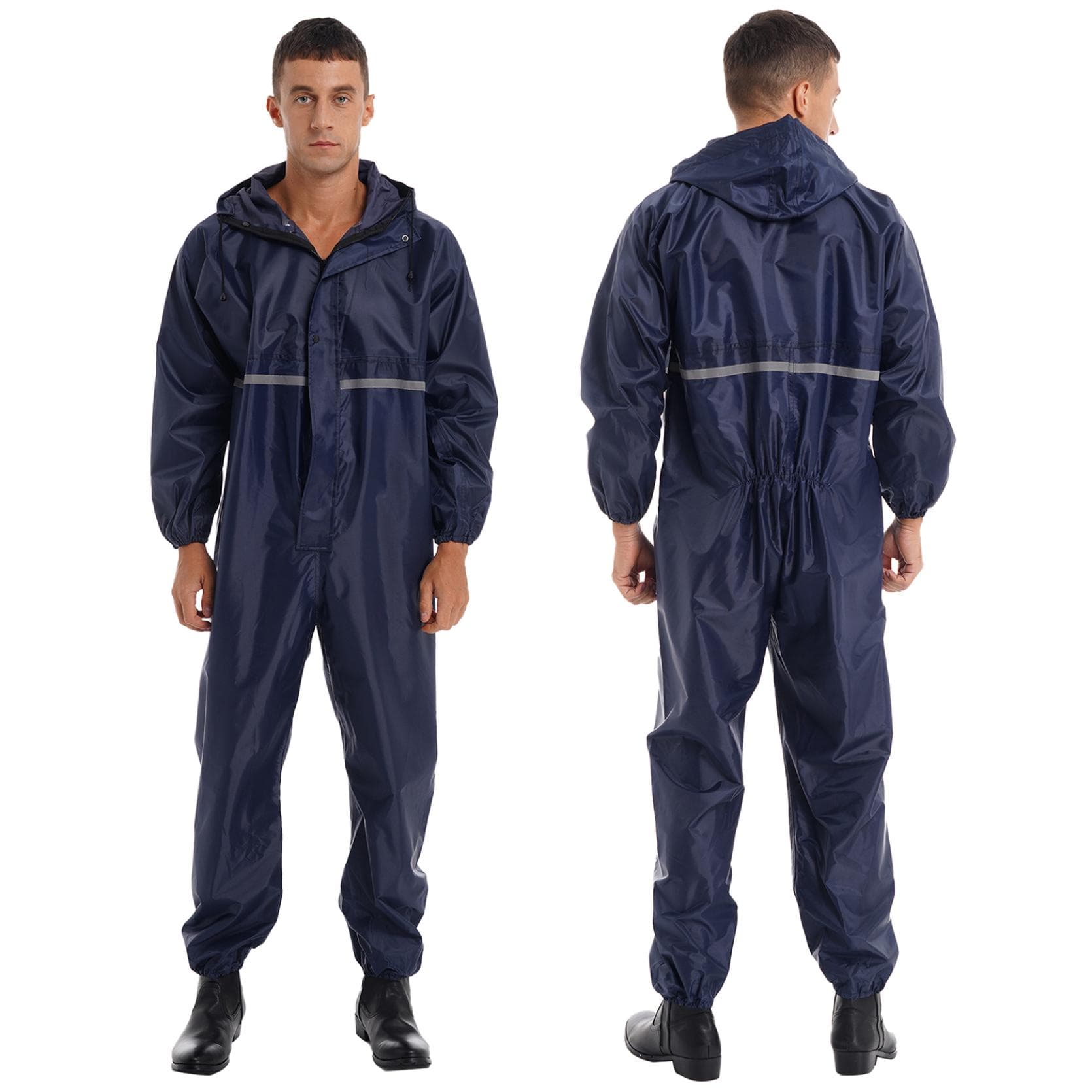 Mens Waterproof Jumpsuit Reflective Strip Rainsuit Long Sleeve Hooded Raincoat Zipper Coveralls XXL navy blue