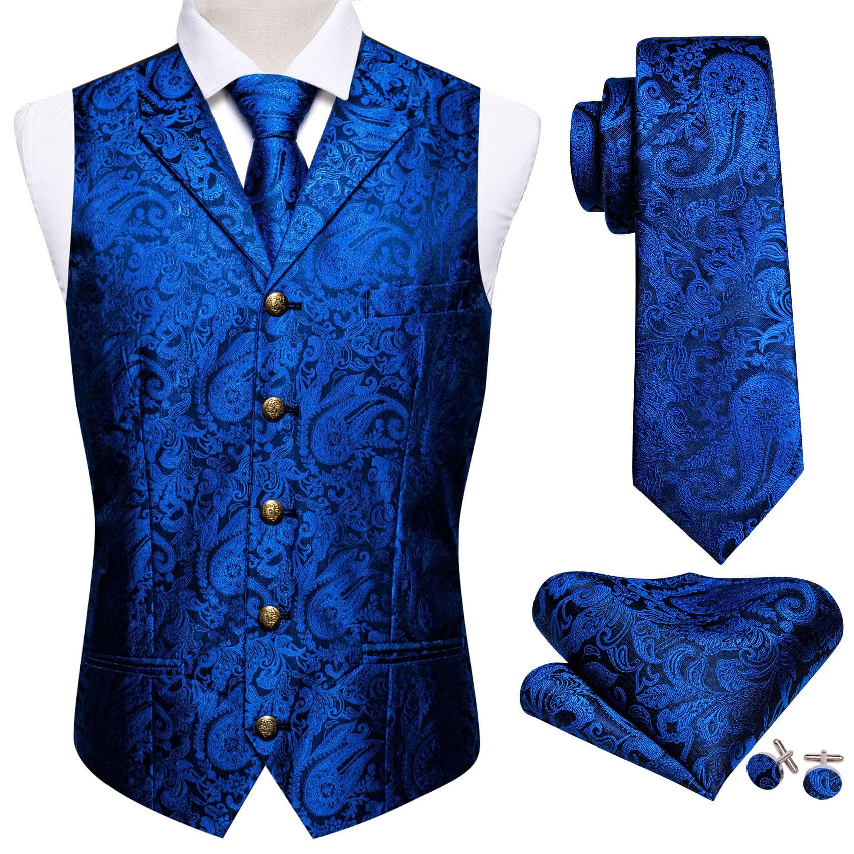 Barry.Wang Mens Waistcoat Vest Tie Hankerchief Cufflinks Dark Red Paisley Collar Copper Buckle Jacquard Woven Silk Wedding Dating Party Set 2XL