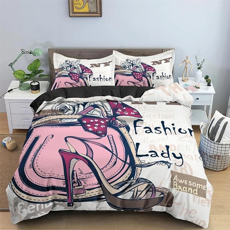 Fashion Woman Cosmetics Bedding Set Bedclothes Female High-heeled Shoes Duvet/Quilt Cover King Queen Single Size Home Textile 135x200cm 2pcs