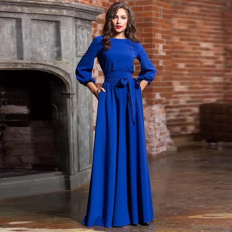 Bohemian Summer Long Dress with Retro Lantern Sleeves 5XL blue