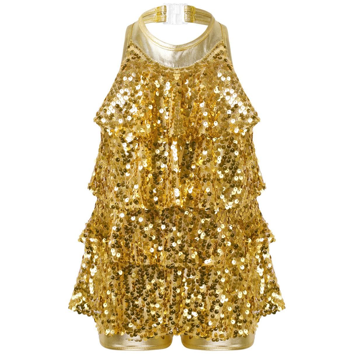 Dancewear for Kids Girls Halter Neck Shiny Sequins Jazz Dance Costume Shorty Unitard Dress Stage Performance 11-12 Years gold