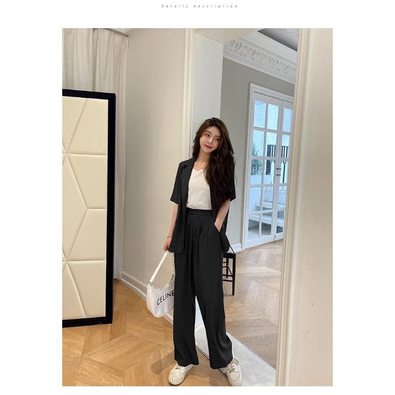 Casual Suit Women's Loose Korean Version Summer Short-sleeved Blazer High Waist Wide Leg Trousers Two-piece Set XL black