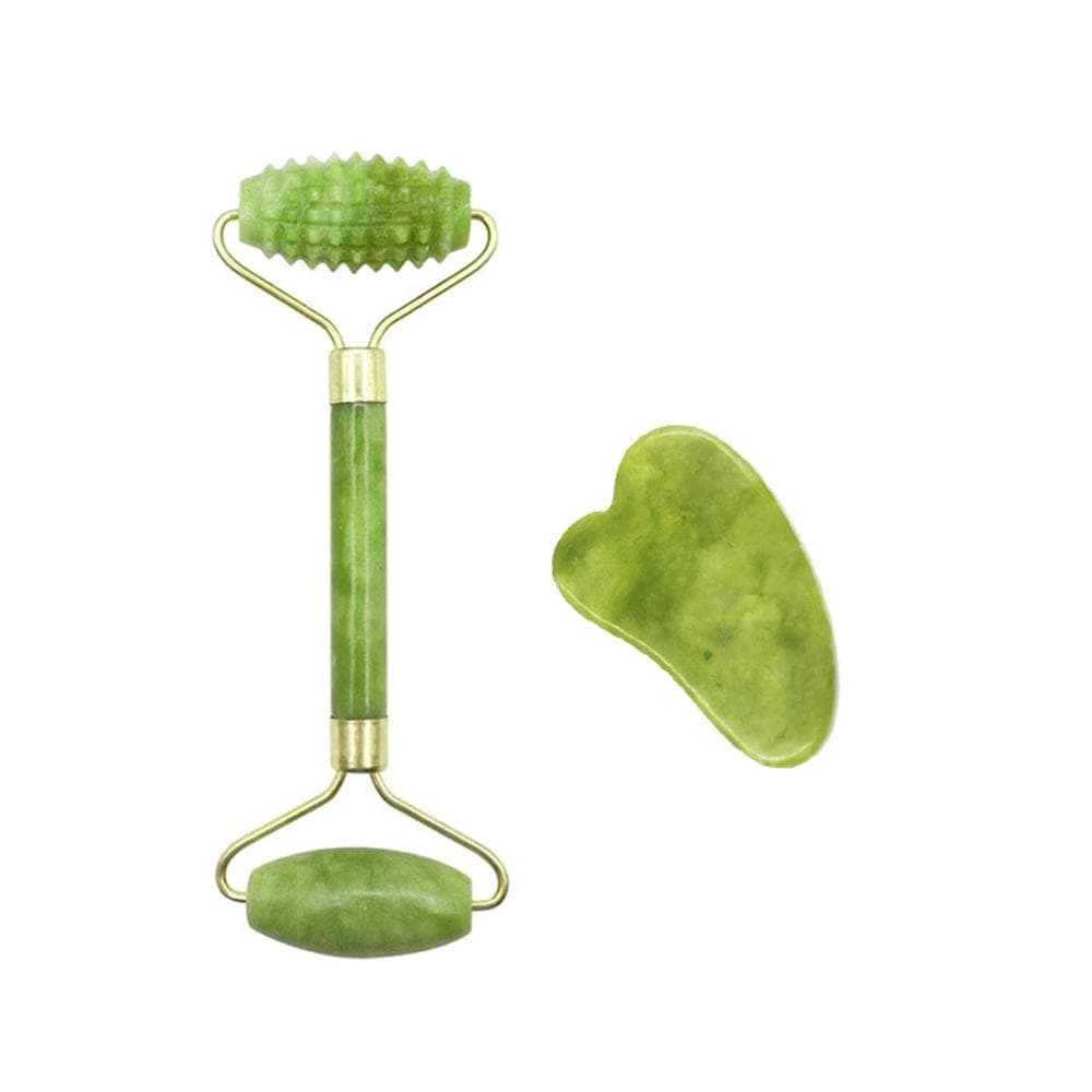 Jade Roller & Gua Sha Board Jade Stone Set Scraping Massage Tools for Facial Skin Care Antiaging green