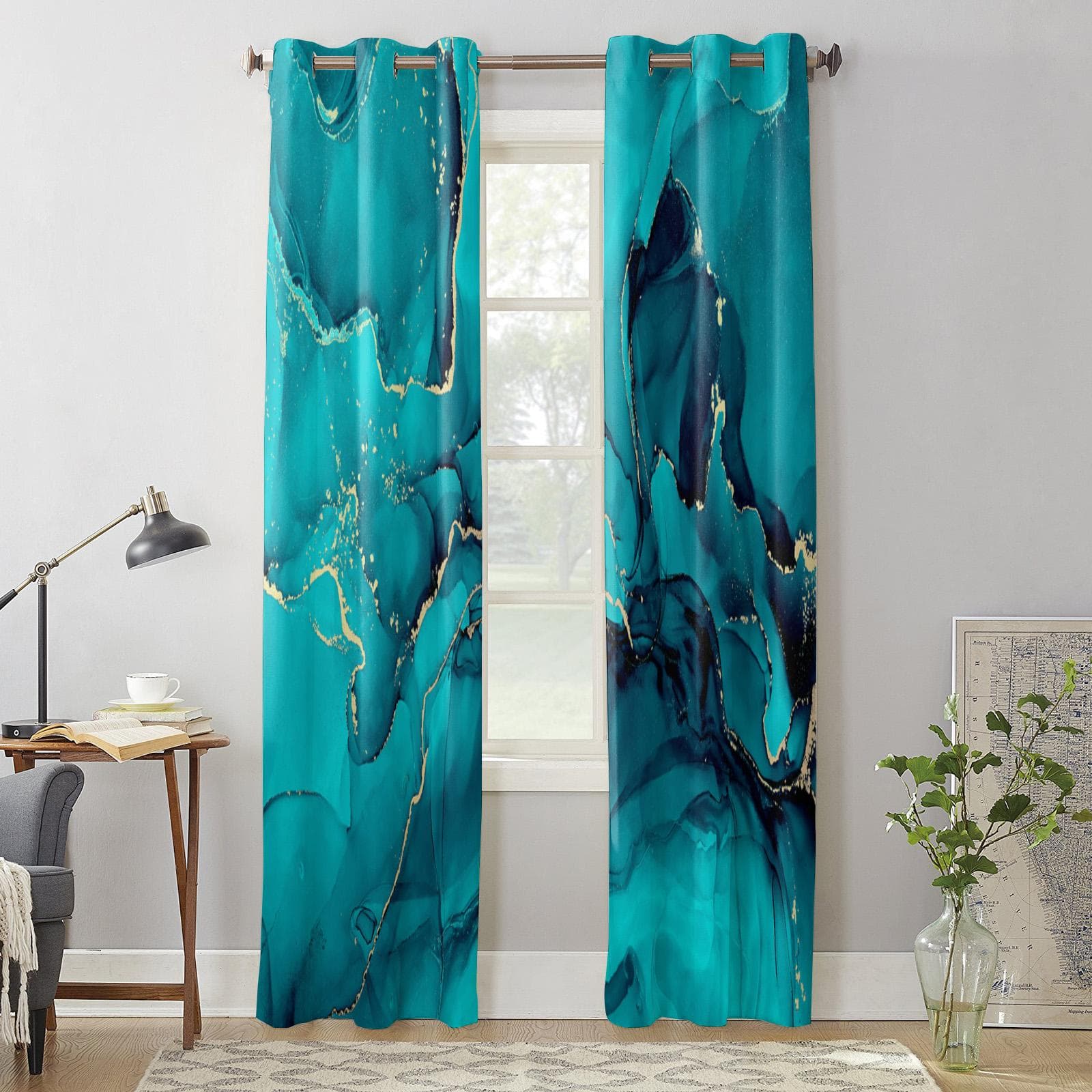 Aqua Marble Golden Lines Modern Window Curtains for Living Room Bedroom Curtain Kitchen Treatment Blinds Drapes 135W x 60H(cm) x1