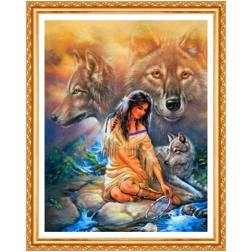 Full Round Drill 5D DIY Diamond Painting Indian Woman Wolf 3D Embroidery Cross Stitch Home Decor 20X30CM