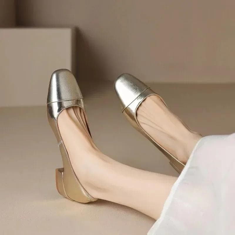 Fashion High-quality Genuine Leather Flat Bottom Ballet Shoes Four Seasons Women's Shoes Cowhide High Heels Pumps Insoles Sheepskin 37 gold
