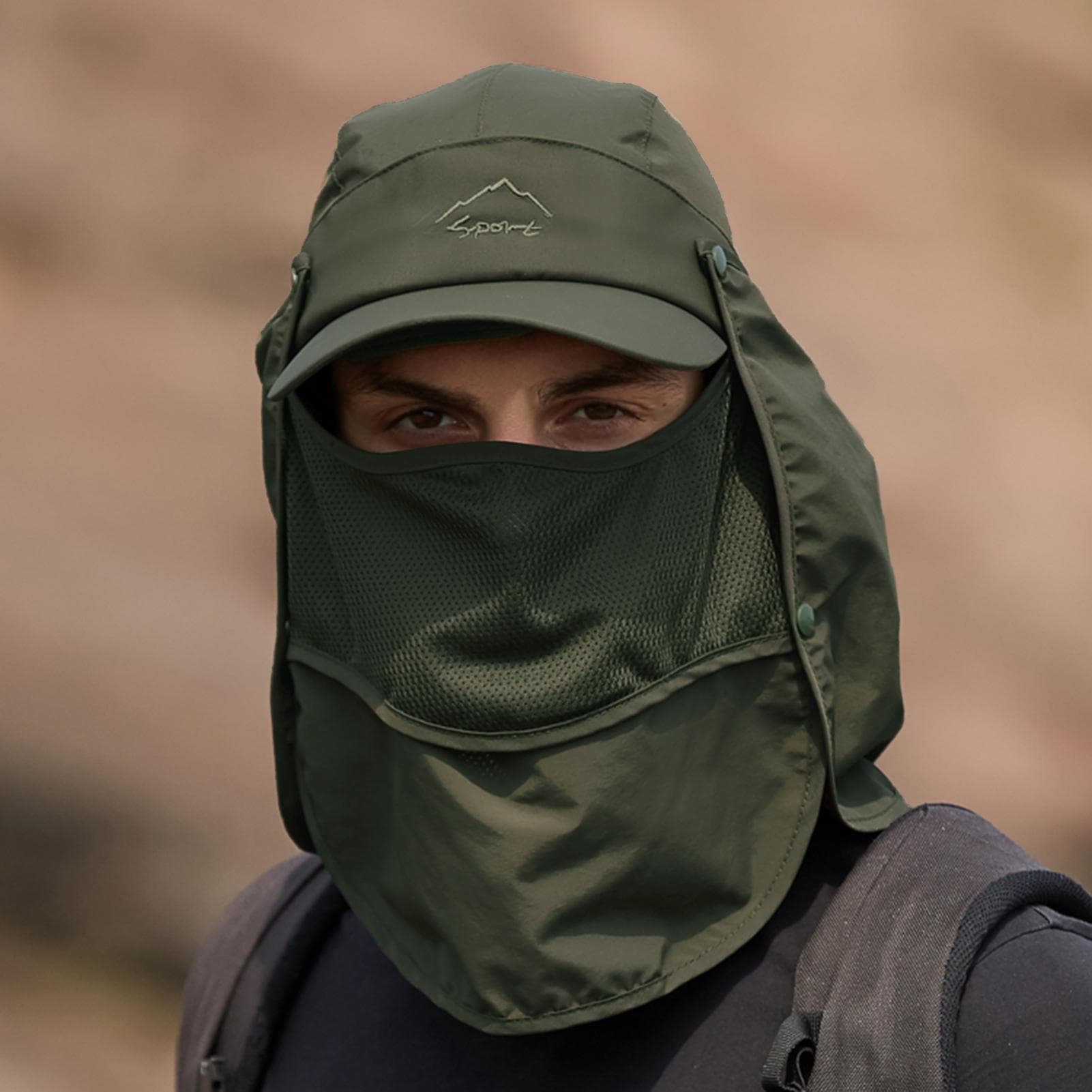 Unisex Multifunctional Sun Visor Hat 360 degrees Sunscreen Removable Face Cover Neck Flap Breathable One Size dark green