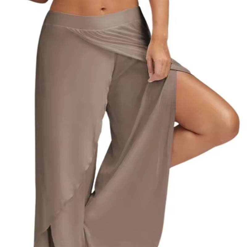 Elastic Waist Mid-Rise Fitness Trousers Solid Color Straight Yoga Pants Women Split Wide Leg Cropped Pants Female Clothing XL khaki