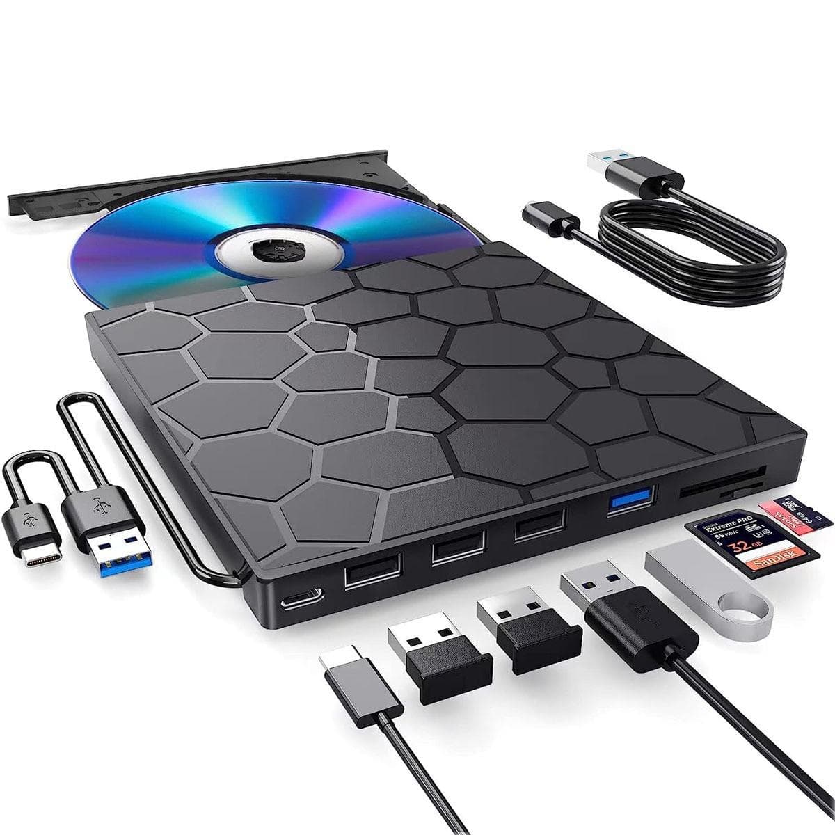 External CD/DVD player, CD ROM/RW burner USB 3.0 7-in-1 compatible computer