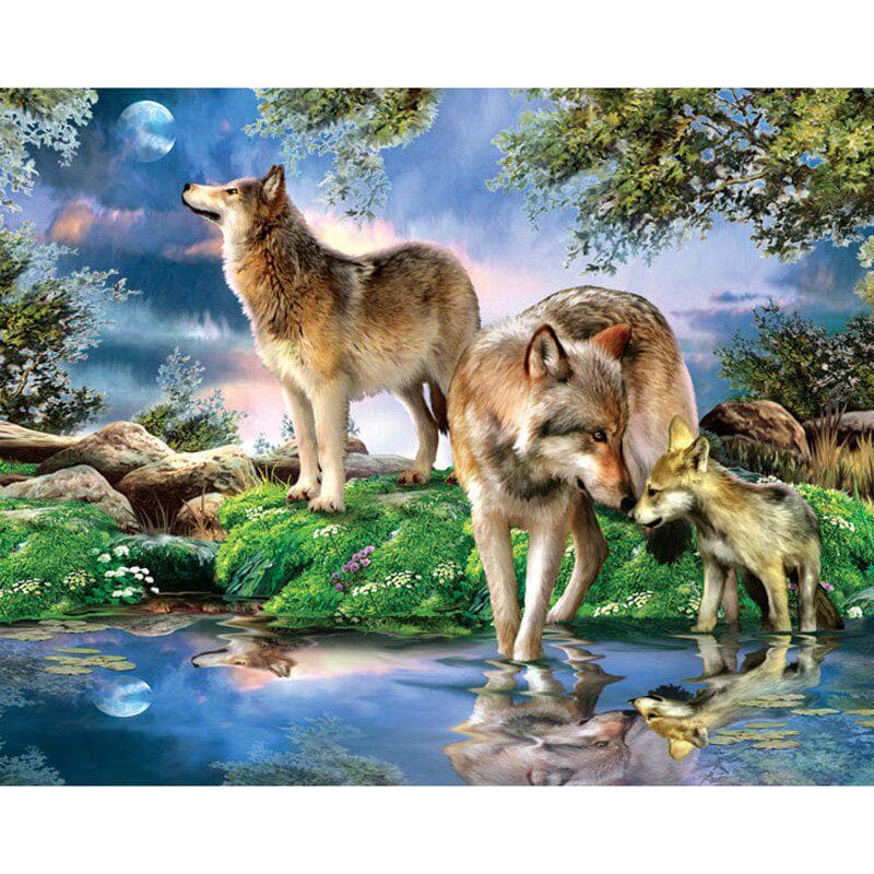 5D DIY Diamond Embroidery Forest Wolf Family Full Round Diamond Painting Cross Stitch Rhinestone 20X30CM