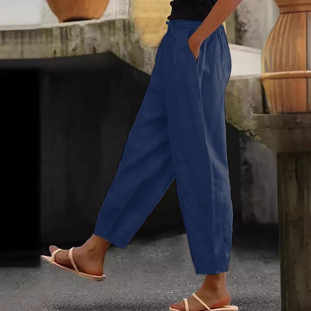 Women's Cotton Linen Trouser Solid Color Elasticated Waist Trousers Casual Straight Leg Bottoms with Pockets M dark blue
