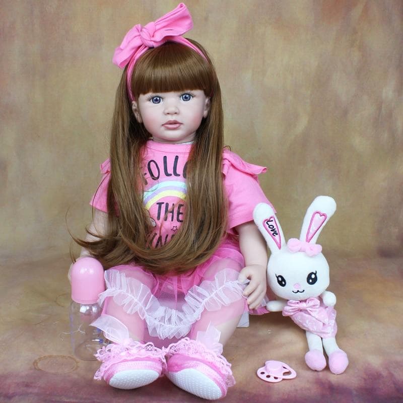 BZDOLL 60 CM Soft Silicone Baby Reborn Doll For Girl with Cloth Body Lifelike 24 Inch Princess Toddler Long Hair Bebe Lovely Kid Birthday Gift Brown eyes, 60cm doll brown