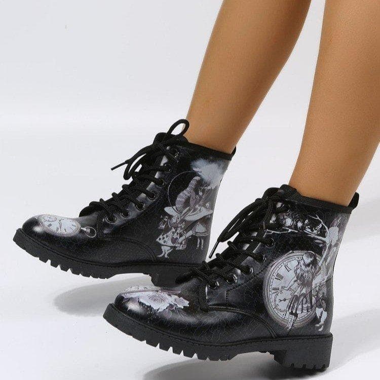 Gothic Printed Women Boots New Autumn Winter Large Size Leather Boots Women Shoes Fashion Lace Up Platform Boots Halloween Shoes 36