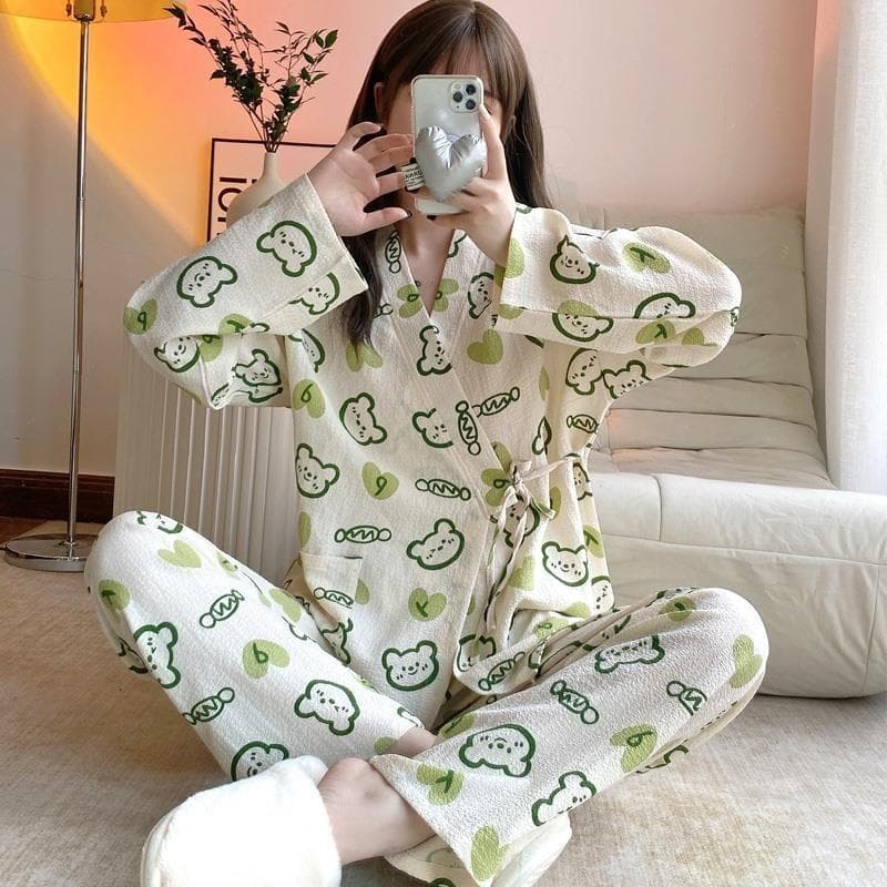 Japanese Cartoon Pajamas Set Sweet Girls Spring Autumn Nightgowns Long Sleeves Straps Leisure Home Service Suit Youth Sleepwear S
