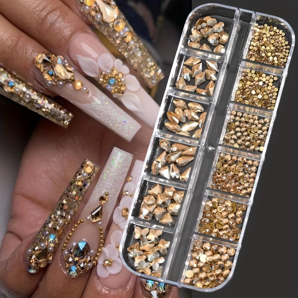 12 Grids Nail Art Rhinestones Jewelry Set Multi-shapes Colorful Flatback Nail Charms 3D Nails Accessories PH140-05