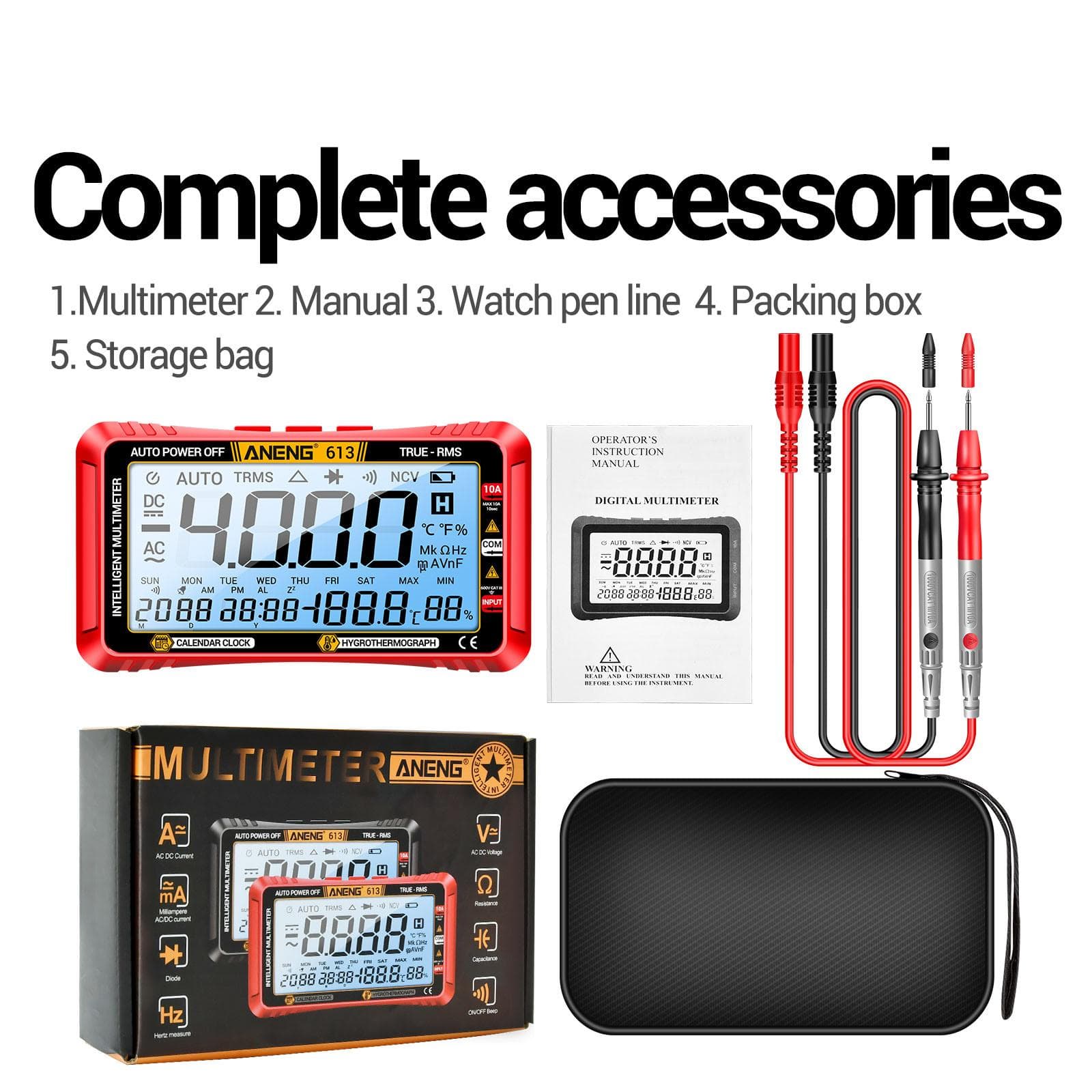 ANENG 613 3 in 1 Smart Multimeter Perpetual Calendar Temperature Hygrometer 4000 Counts Digital red