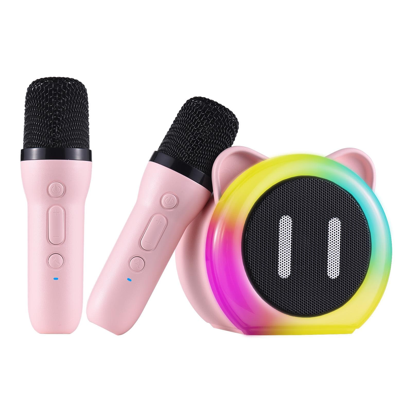 Karaoke Machine with 2 Wireless Microphones BT Microphone and Speaker KTV Set with RGB Light pink