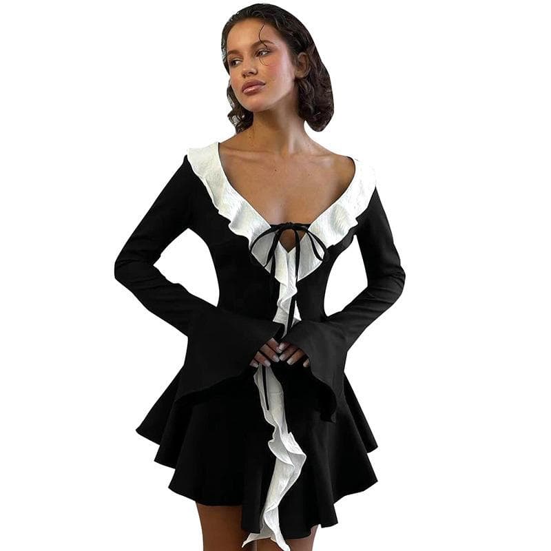 Women's Ruffled Pointed Collar Tied Rope Flared Sleeve Dress L black