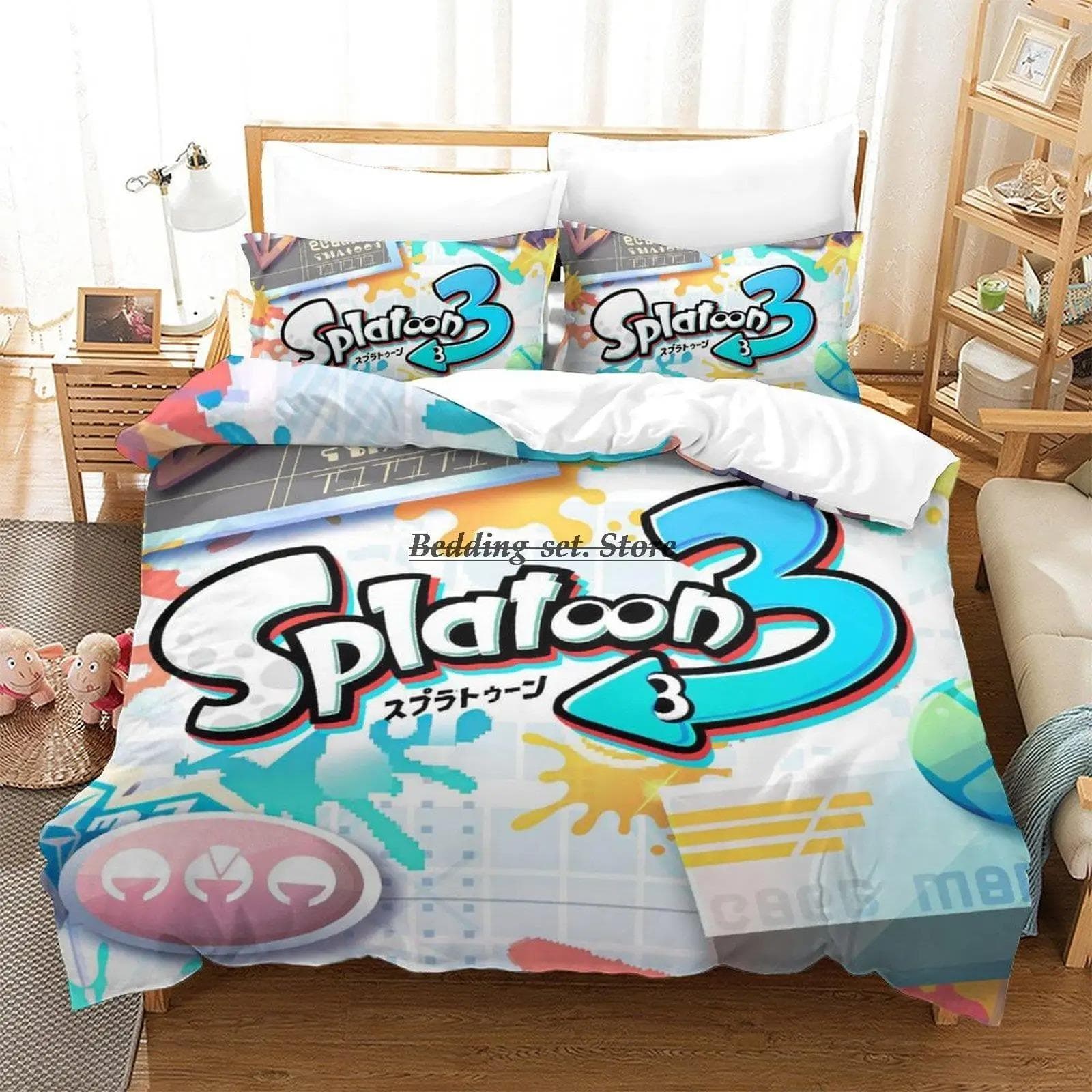 Splatoon 3 Inkling Squid Bedding Set Single Twin Full Queen King Size Bed Set Aldult Kid Bedroom Duvetcover Sets Bed Sheet Set US Full 200x230cm