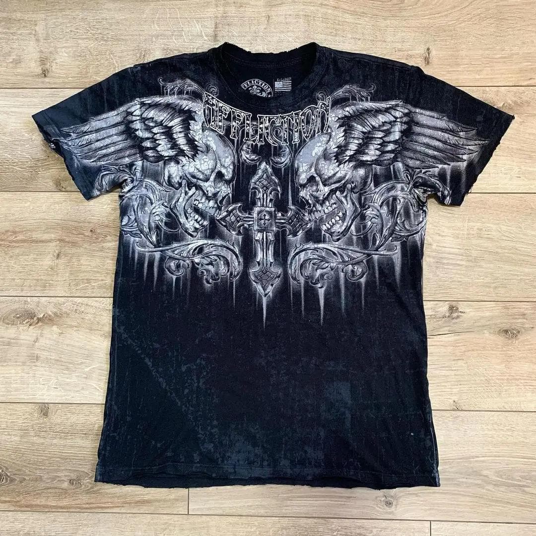 Unisex Y2K Summer Gothic Vintage American Street Printed Short Sleeve T-Shirt Loose Large Size Tops Hip Hop T-shirts M