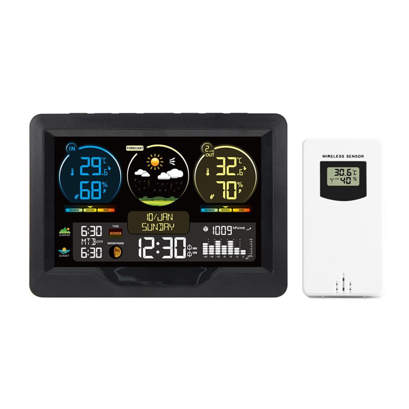 FJ3383M Smart Weather Station with Clock Indoor and Outdoor Temperature & Humidity Meter black