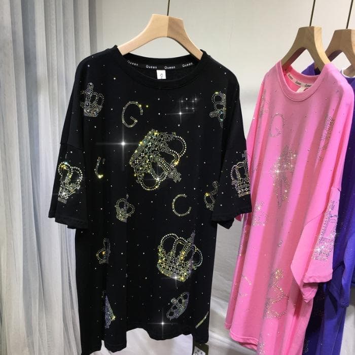 JKASHDK Women's Fashion Plus Size Casual Summer Spring Crown Print Short Sleeve O-Neck Blouses & Shirts XXXXL black