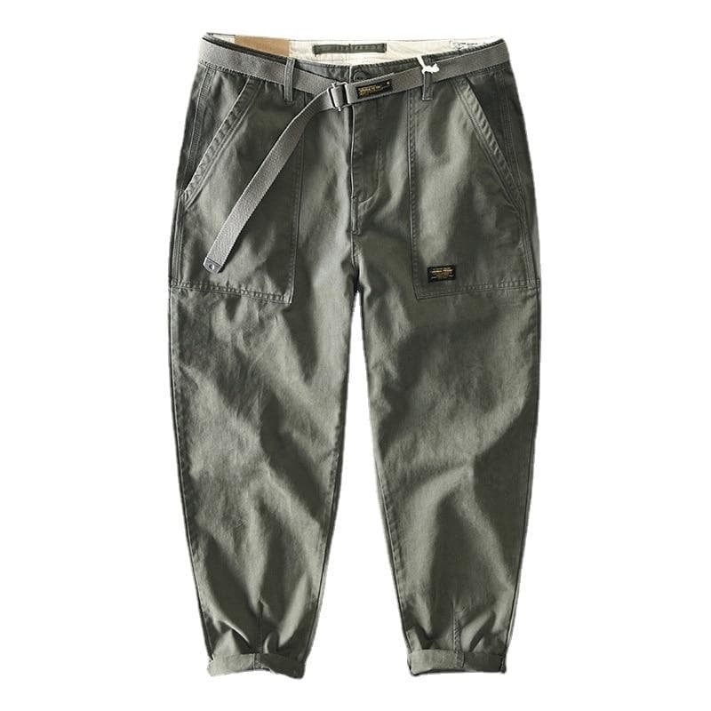 Autumn Winter Pure Cotton Men Cargo Pants Korean Style Male Casual Loose Belt Mid Waist Slim Fit Pencil Trouser 30 grey