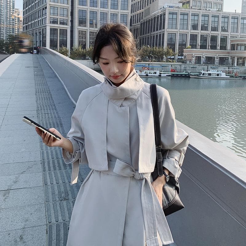 Women's New Spring and Autumn British Style Stand Collar Lace-up Windbreaker Women's Mid-length Temperament Jacket XL