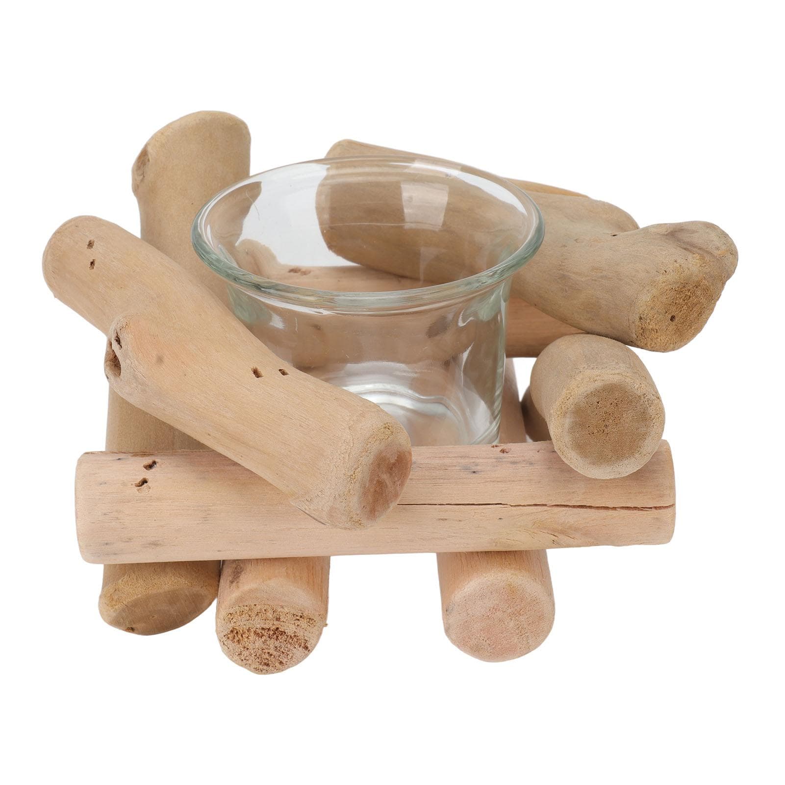 Wooden Tealight Candle Holder Vintage Simple Rustic Style Driftwood Candlestick with Glass Cup Home
