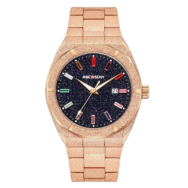 AOCASDIY Luxury Men Watche Colourful Crystal Waterproof Bling Dial Frosted Star Dust Rainbow Watch For Men rose gold