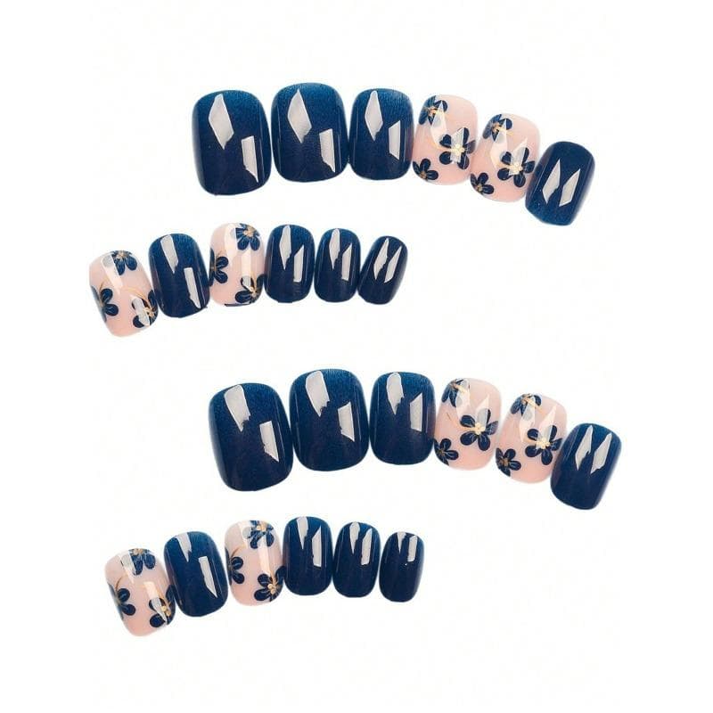 24pcs Spring & Summer Blue Flower Square Nail Stickers, Decorated With Blue Flower Pattern, Suitable For Women Nail Art Decor | Floral Nail Design