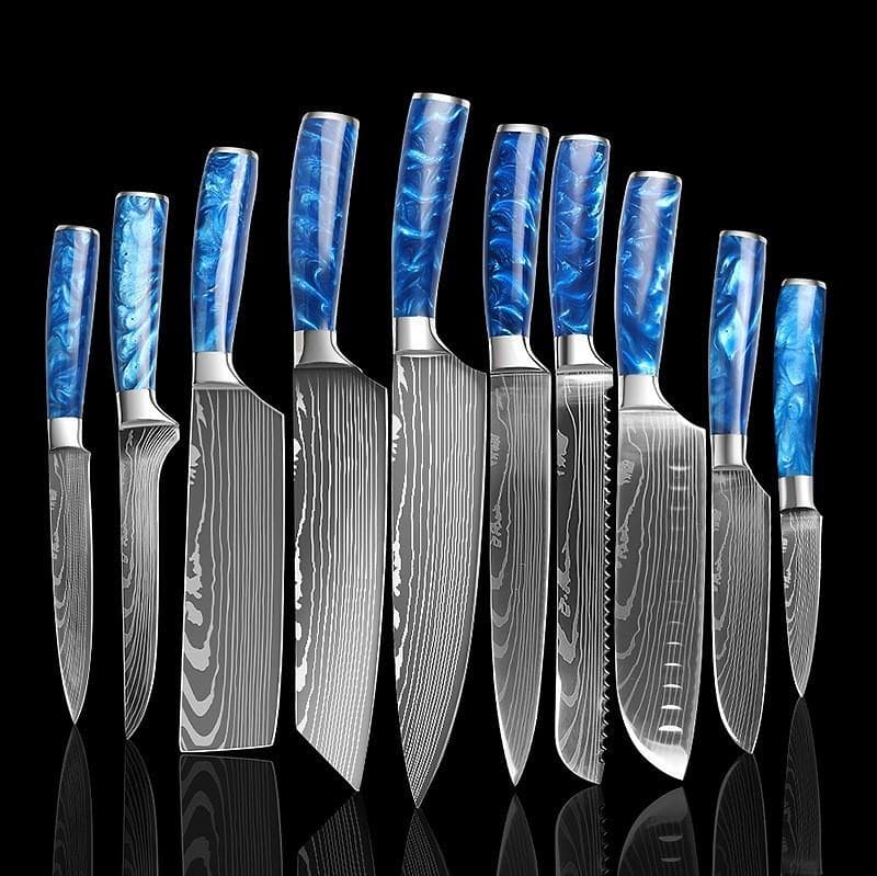 10PCS Kitchen Knives Stainless Steel 7CR17 440C Laser Damascus Japanese Santoku Cleaver Slicing Utility Chef Knife 10pcs blue