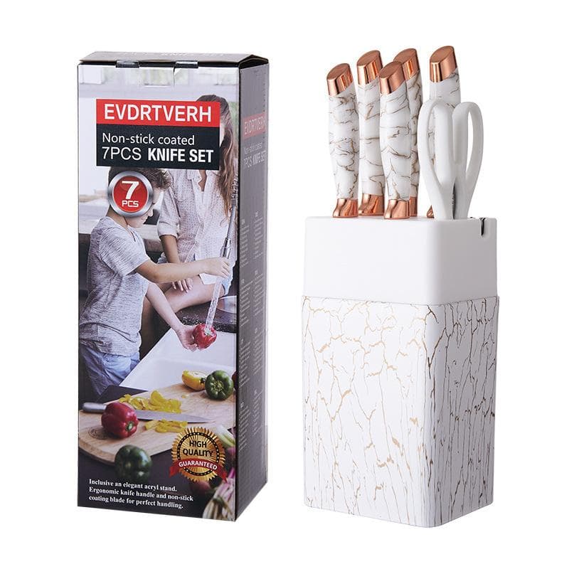 7pcs Kitchen Knife Sets Stainless Steel Chef Knife Bread Knife Marble Textured Handle Sets Tool Holder with Grinding Stone white