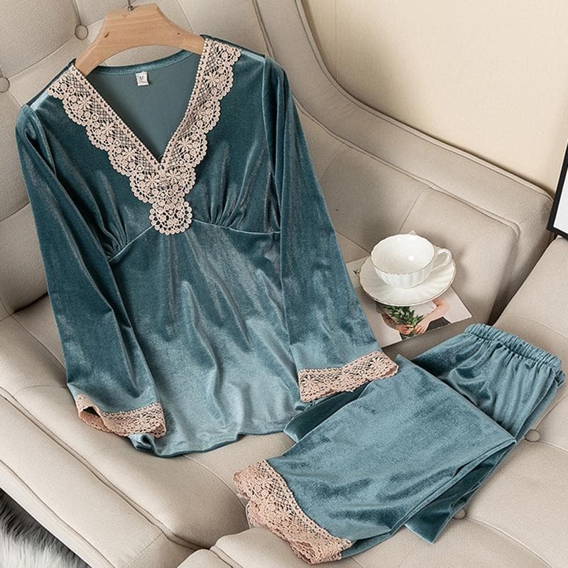 Velvet Pajamas Set Female Long Sleeve Trouser Pijamas Suit Autumn Winter Velour Sleepwear Loose Lace Trim Home Wear Loungewear XL