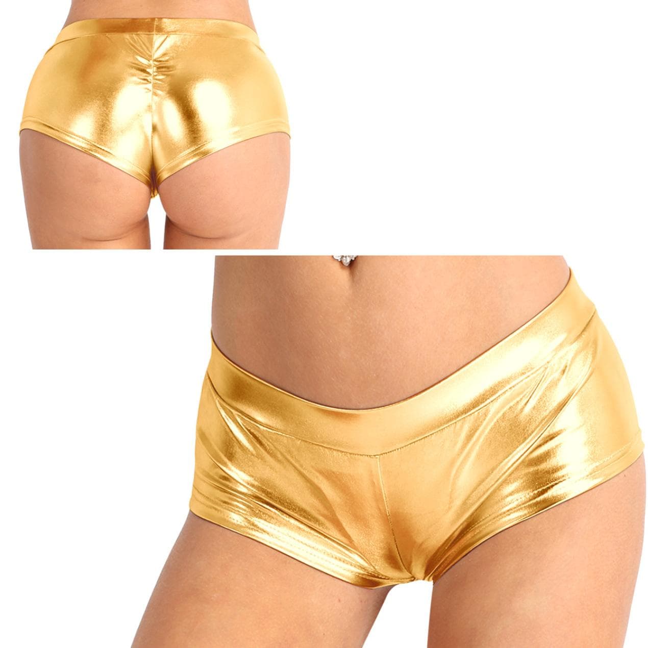 Womens Sexy Shiny Stretchy Metallic Liquid Wet Look High Waist Dance Rave Booty Shorts Hot Pants XL gold