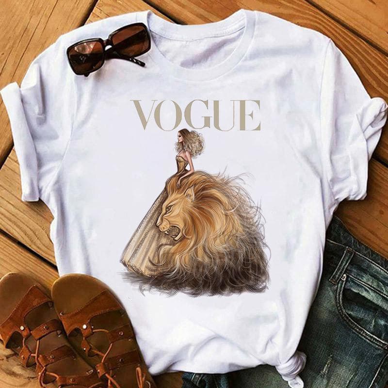 Women Summer T Shirt Vogue Print Retro Fashion Short Sleeve Tees Casual Printed Tops L ivory