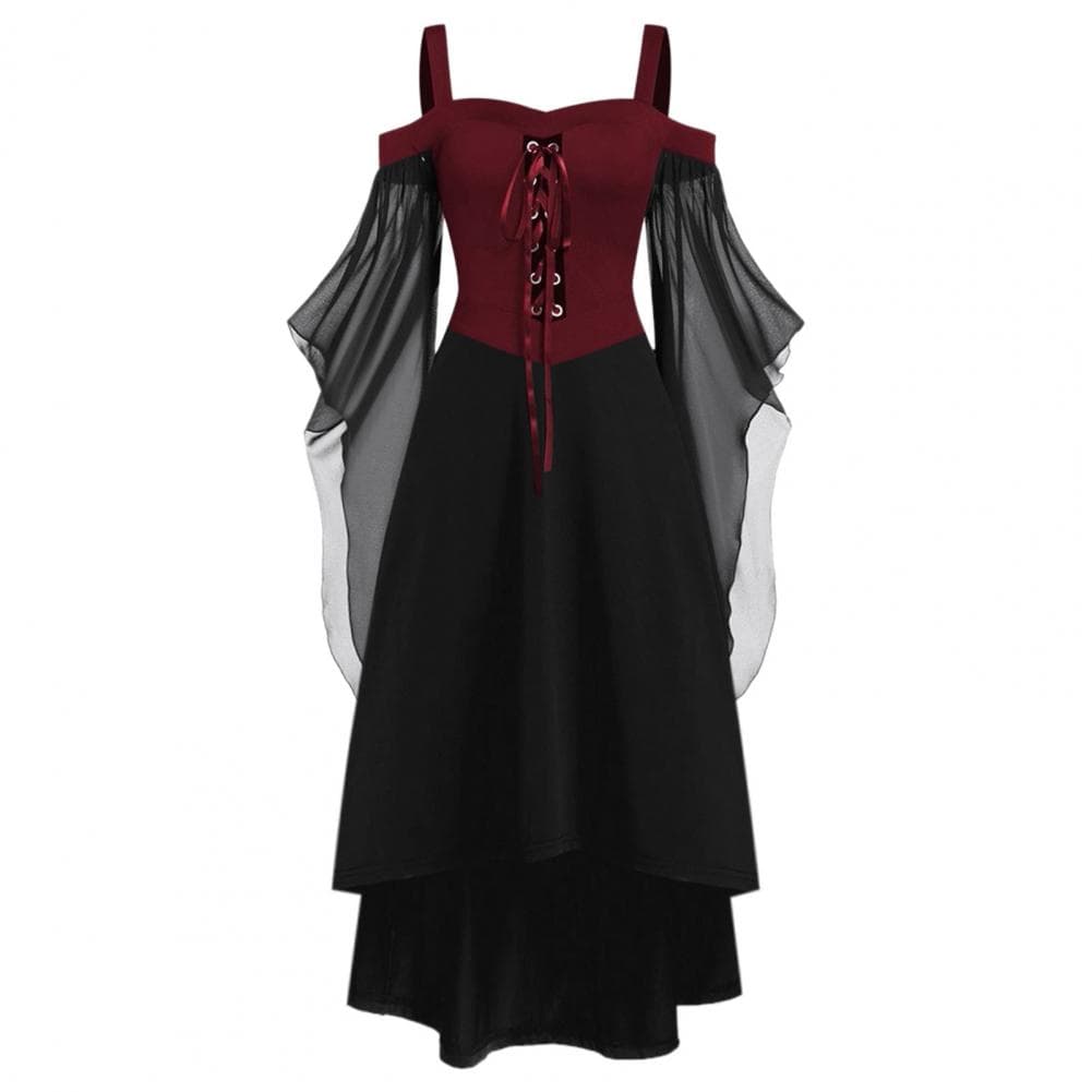 Edgy Gothic Attire Gothic Witch Halloween Costume with Lace-up Strap Collar Long Horn Sleeves Women's Cosplay Dress for Party XL red