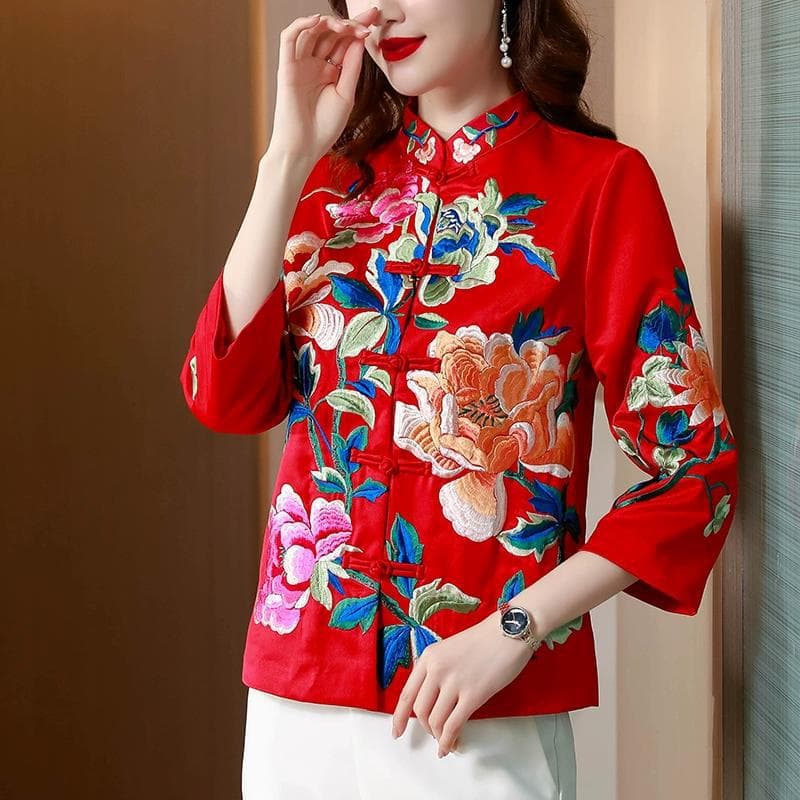 Winter New Chinese Embroidered Top Women's Retro Tang Suit Women's Stand-up Collar Shirt XXXXL red
