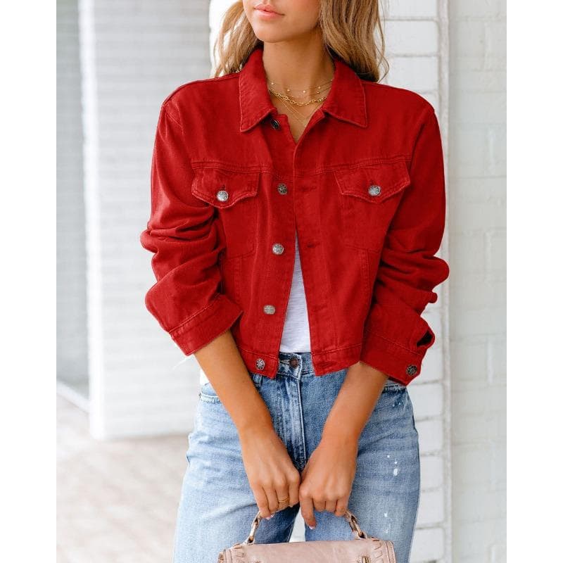 Spring and Autumn Women's Denim Jacket Long Sleeve Jacket Top 2XL red