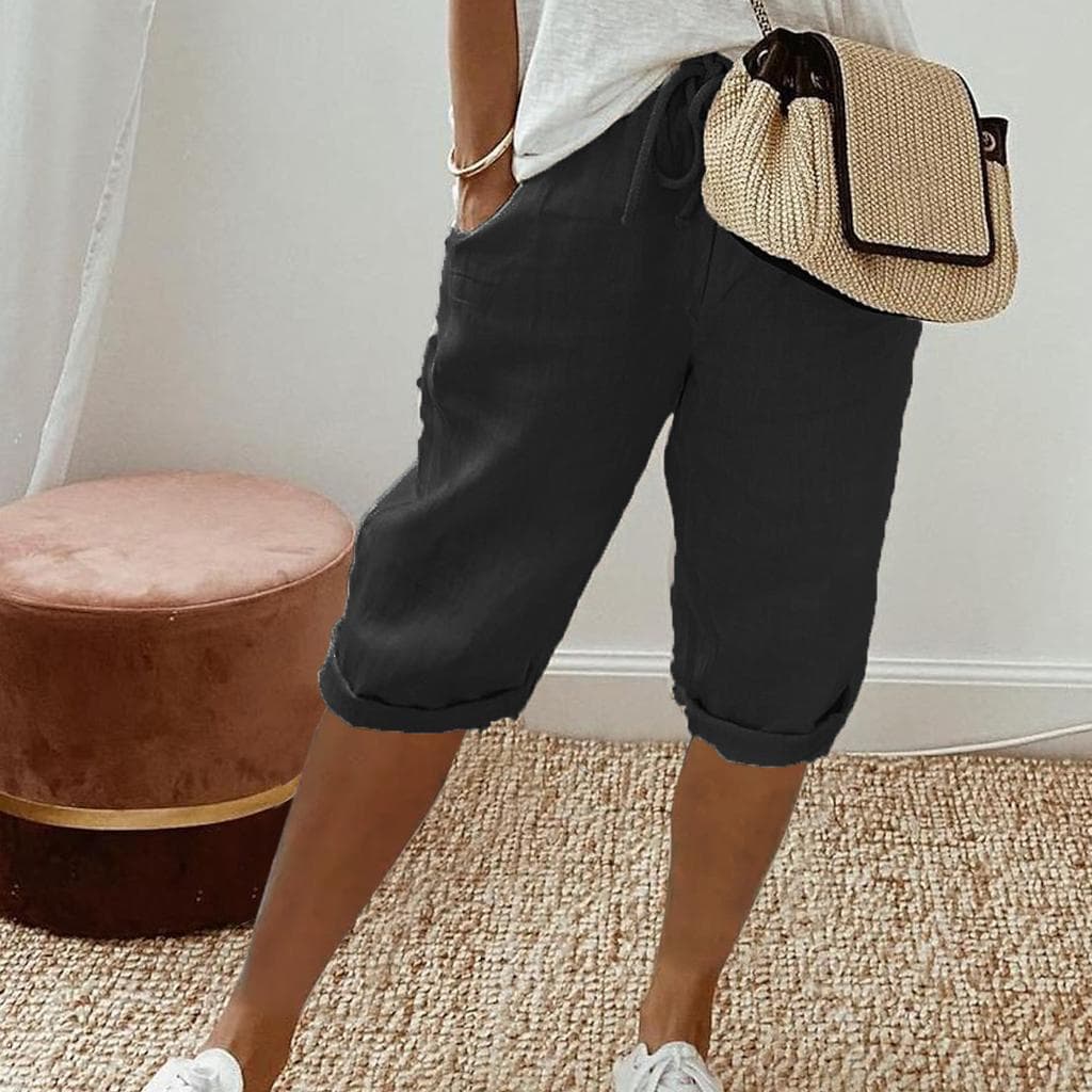 Women Shorts Vintage Style Knee-length Pants with Pockets for Women Breathable Elastic Waist Trousers Solid Colors Five Pants L black