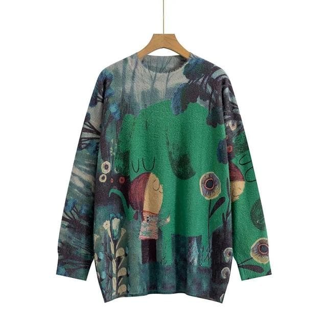 Harajuku Retro Women Fall Winter Fashion Clothes Vintage Floral Print Round Neck Long-sleeve Knit Sweaters Lady Loose Pullovers XL