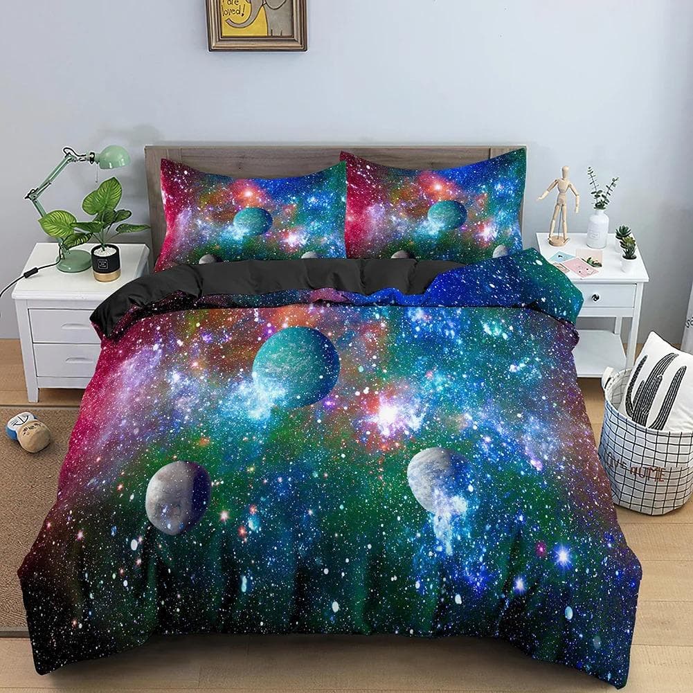 Galaxy Space Bedding Set 3D Universe Duvet Cover Psychedelic Quilt Cover With Zipper Queen Double Comforter Sets Kids Gifts AU Single 140x210cm