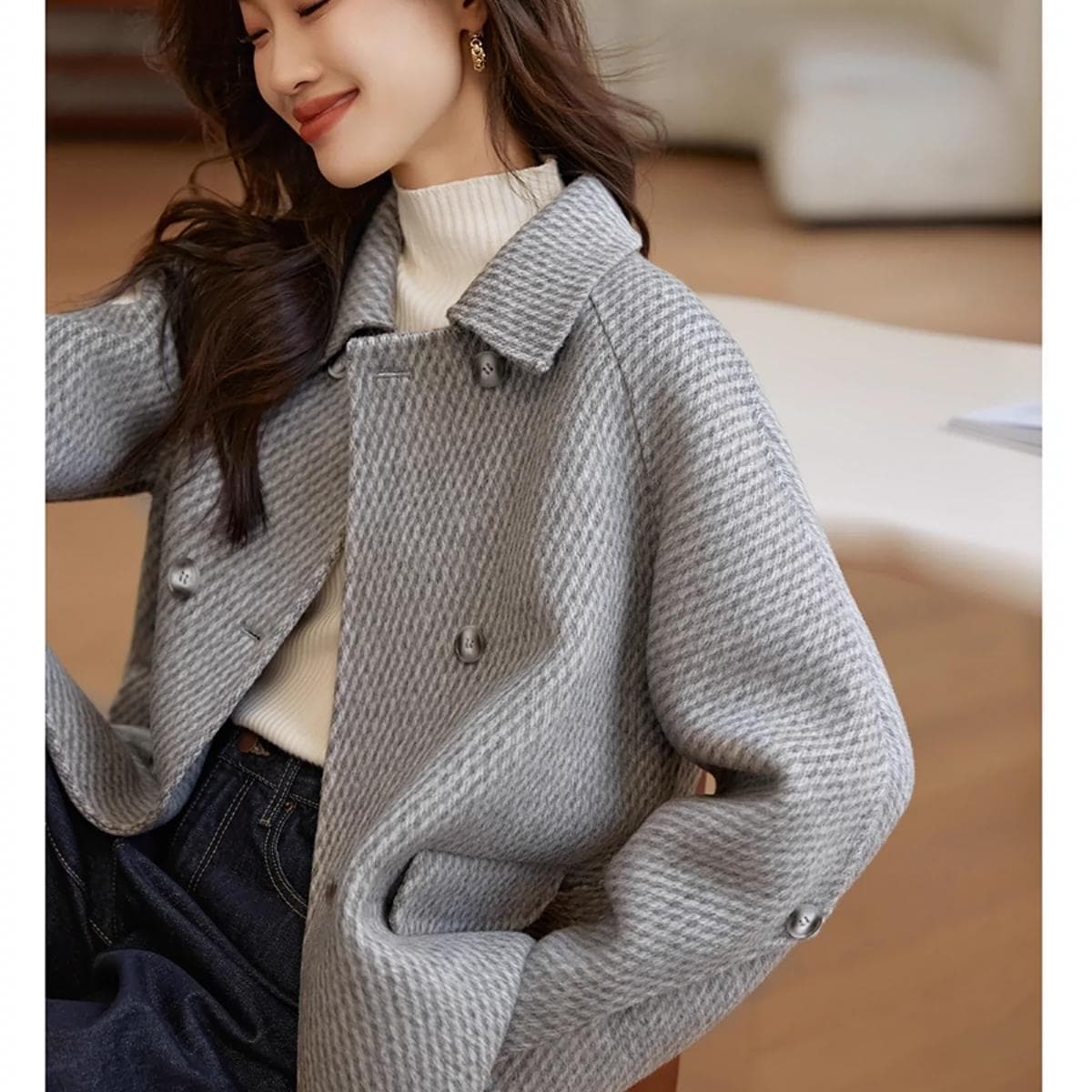 Pineapple Woolen Coat New Year Winter Simple Coat Loose Double-breasted Coat for Women M