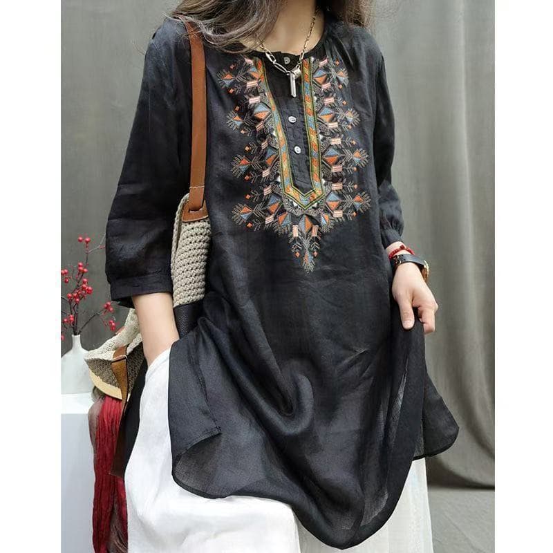 Limiguyue Ethnic Boho Embroidery Ramie Blouse Loose Split Women Summer Shirts Thin Causal Literary Female Long Tops Robe M