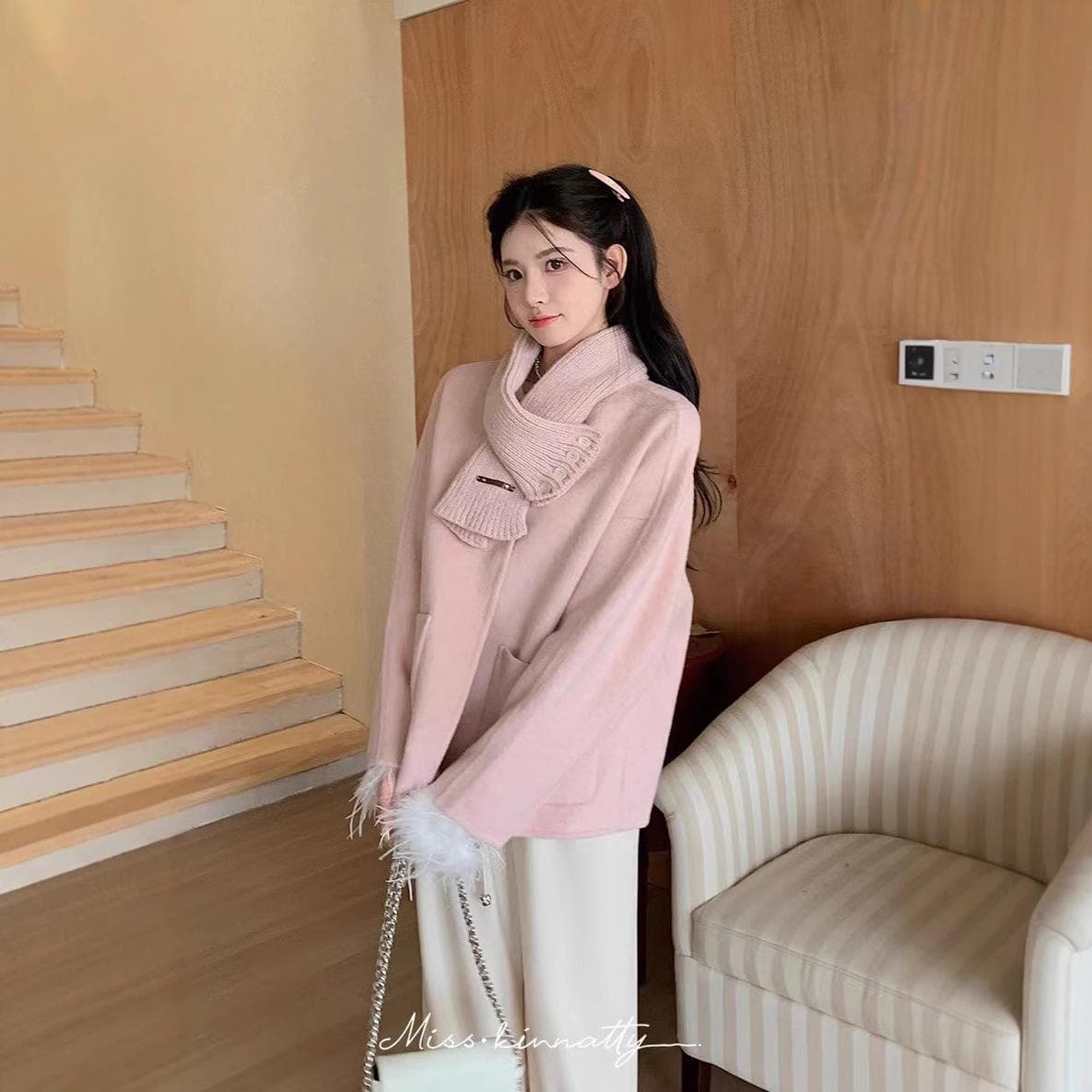 Korean Style Scarf Gentle Style Women's Double-sided Wool Coat Petite M