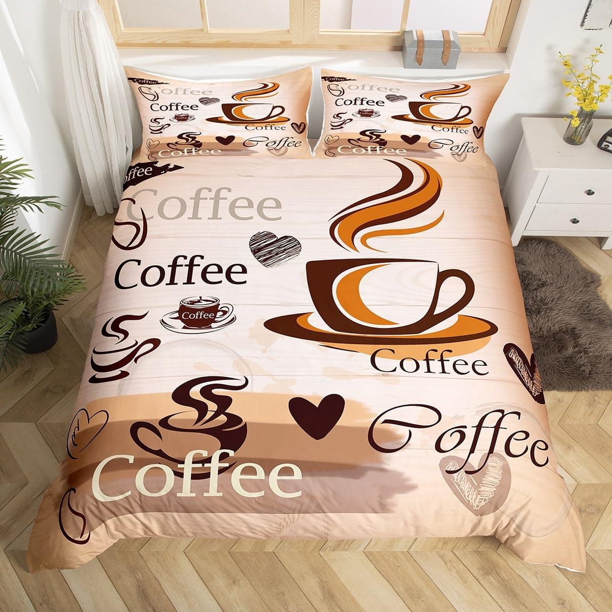 Coffee Duvet Cover Queen King Cartoon Coffee Drink Cup Print Bedding Set Coffee Lover Comforter Cover Modern Brown Quilt Cover 155x215cm 3pcs
