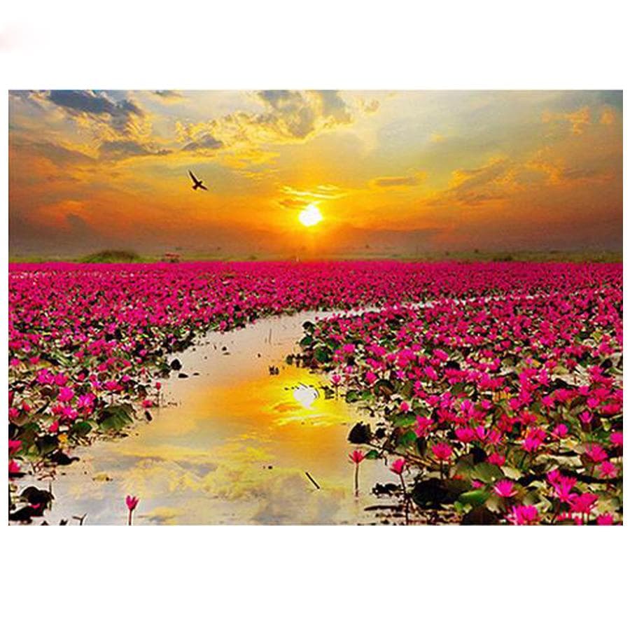 Diamond Painting Flower Field Scenery Full Round Diamond Embroidery Lotus Sea Cross Stitch Crystal 20X30CM