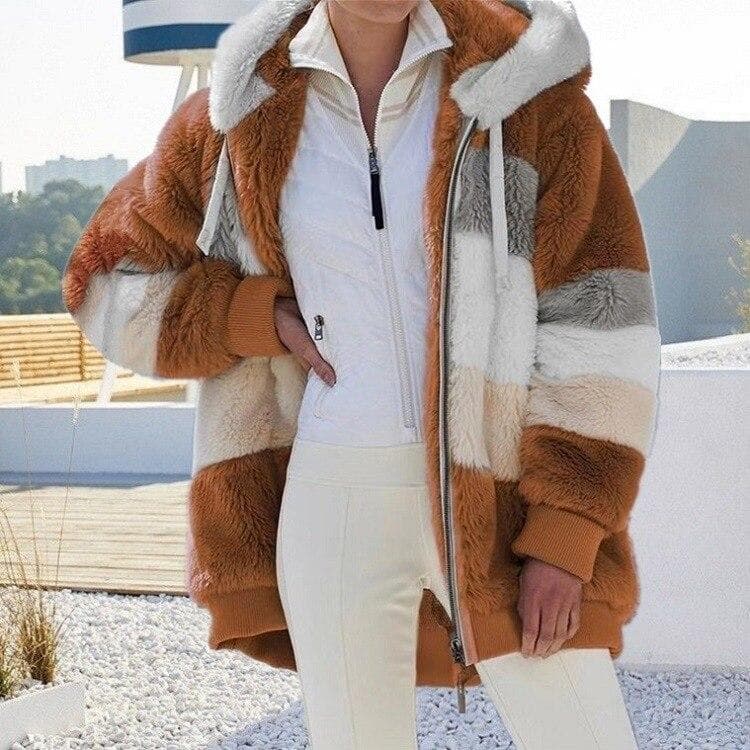 Winter Women's Fashion Hooded Warm Loose Jacket for Women Patchwork Outerwear Zipper Ladies Plus Size Sweaters XXXL tan